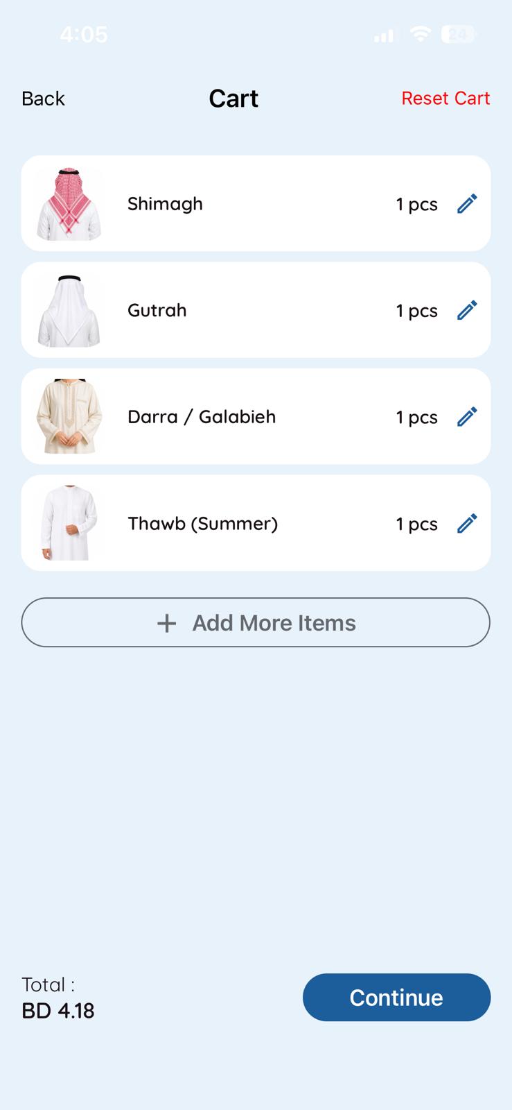 App shopping cart with selected laundry items