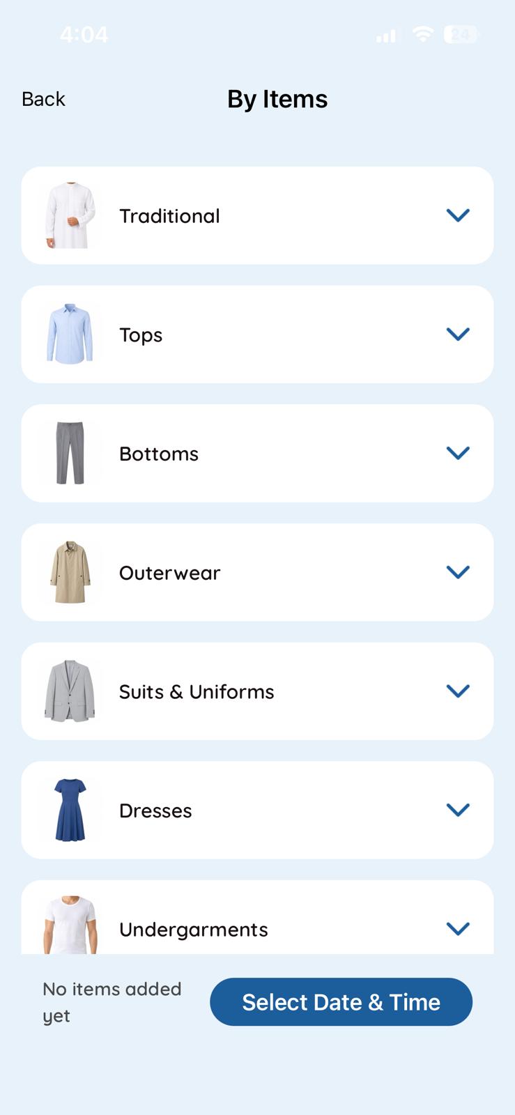 App screen for choosing laundry item categories