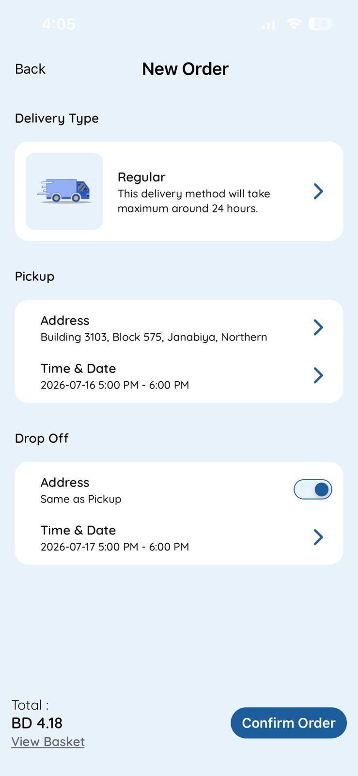 App order screen for pickup and delivery time selection